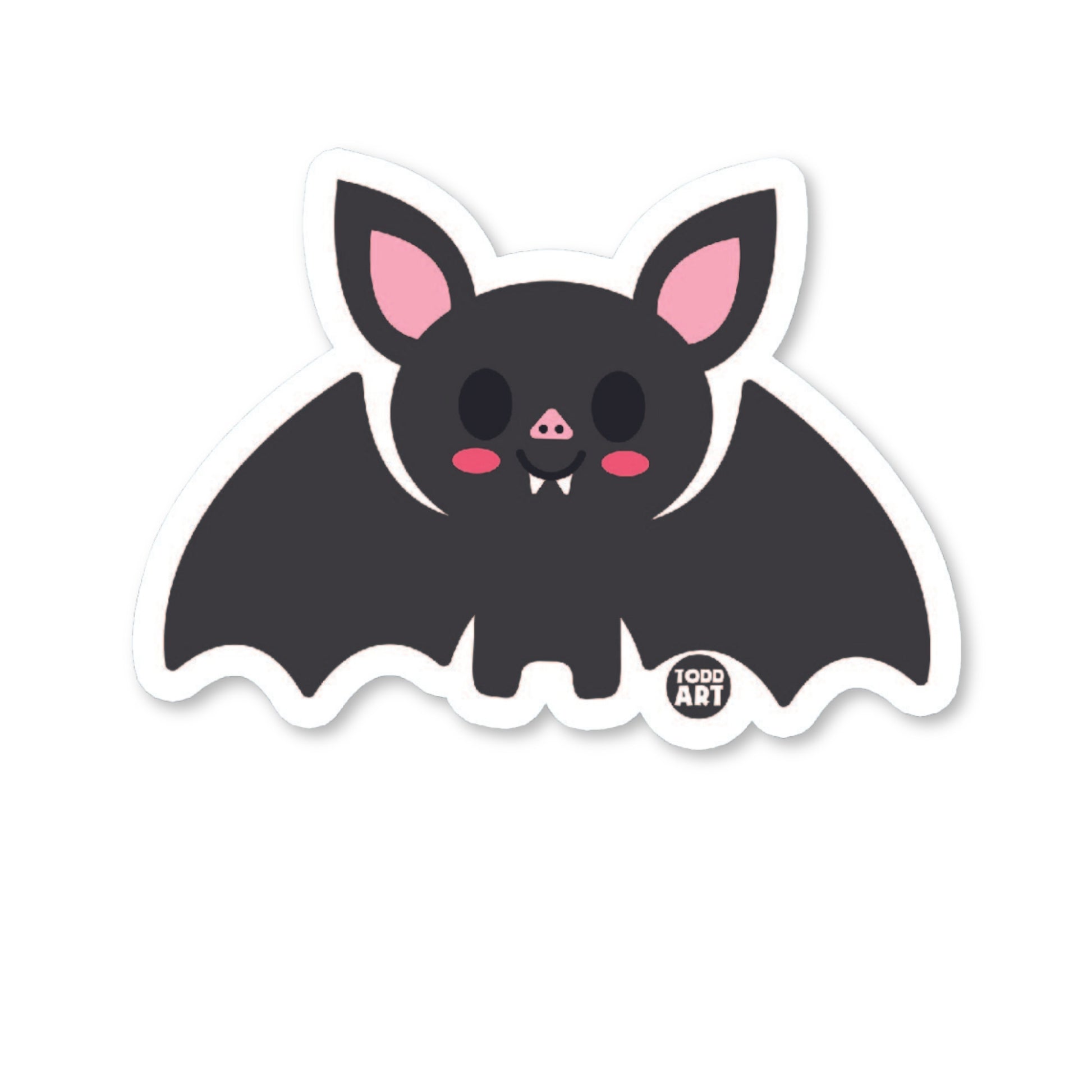 A die-cut vinyl sticker of a cute cartoon bat with a glossy finish.