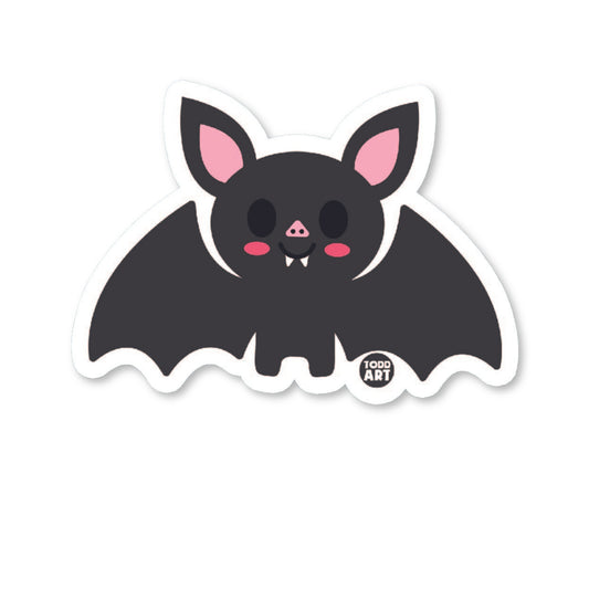 A die-cut vinyl sticker of a cute cartoon bat with a glossy finish.