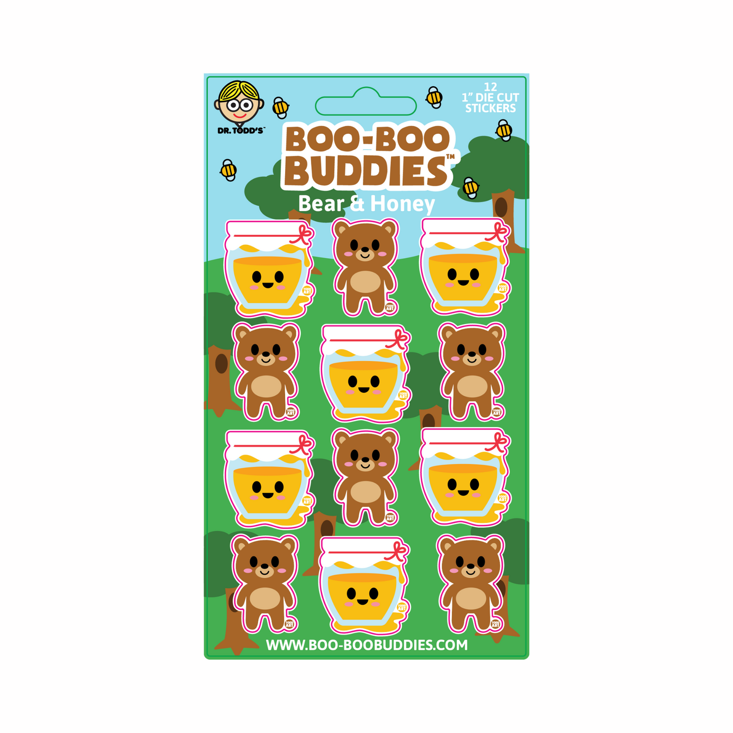 Cute 1-inch vinyl stickers with a fuzzy bear and honey pot—perfect for kids' crafts, water bottles, notebooks, and forest-themed fun.