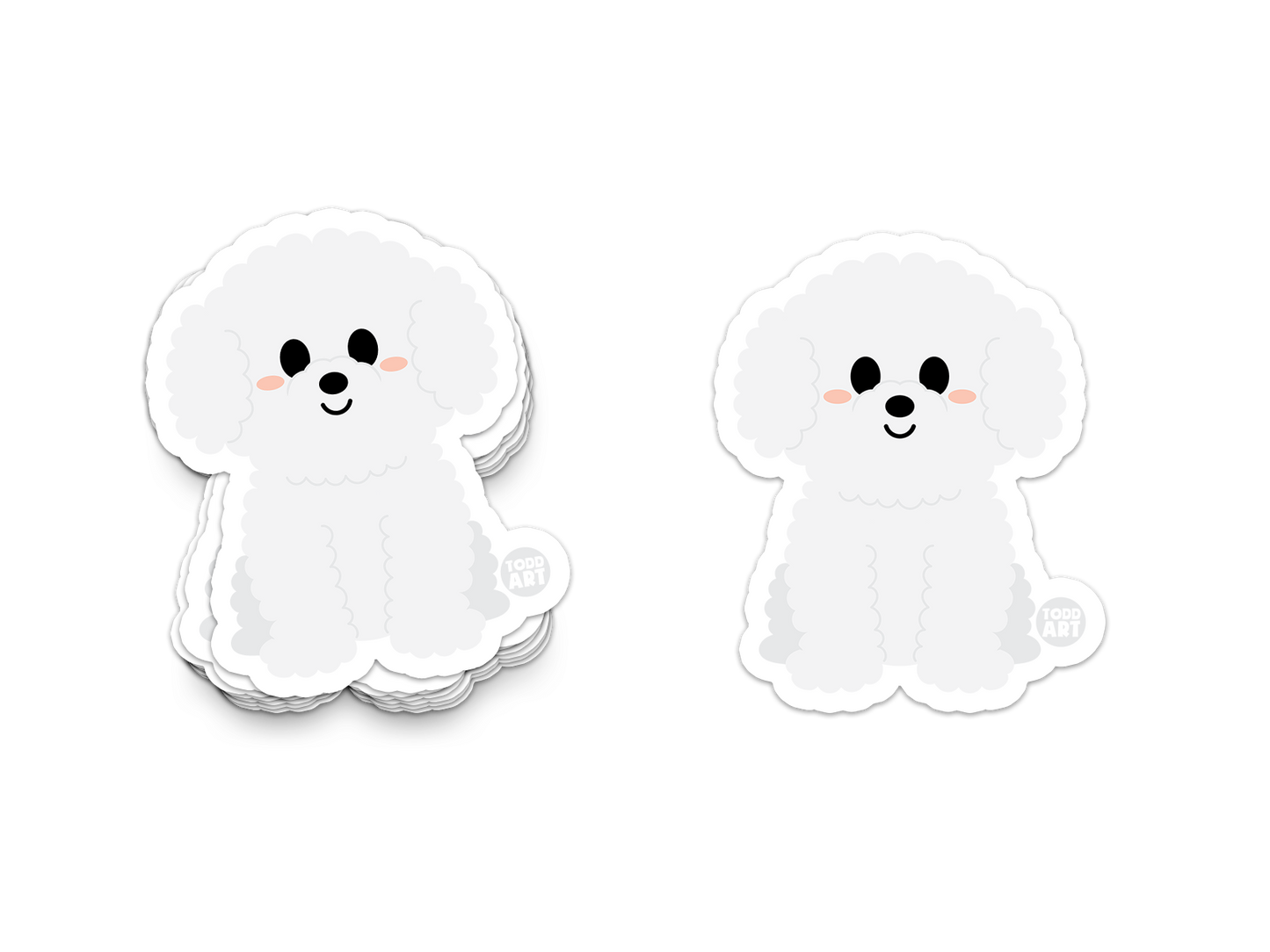 Fluffy white Bichon Frise dog with sweet smile – cute collectible puppy sticker from Boo Boo Buddies
