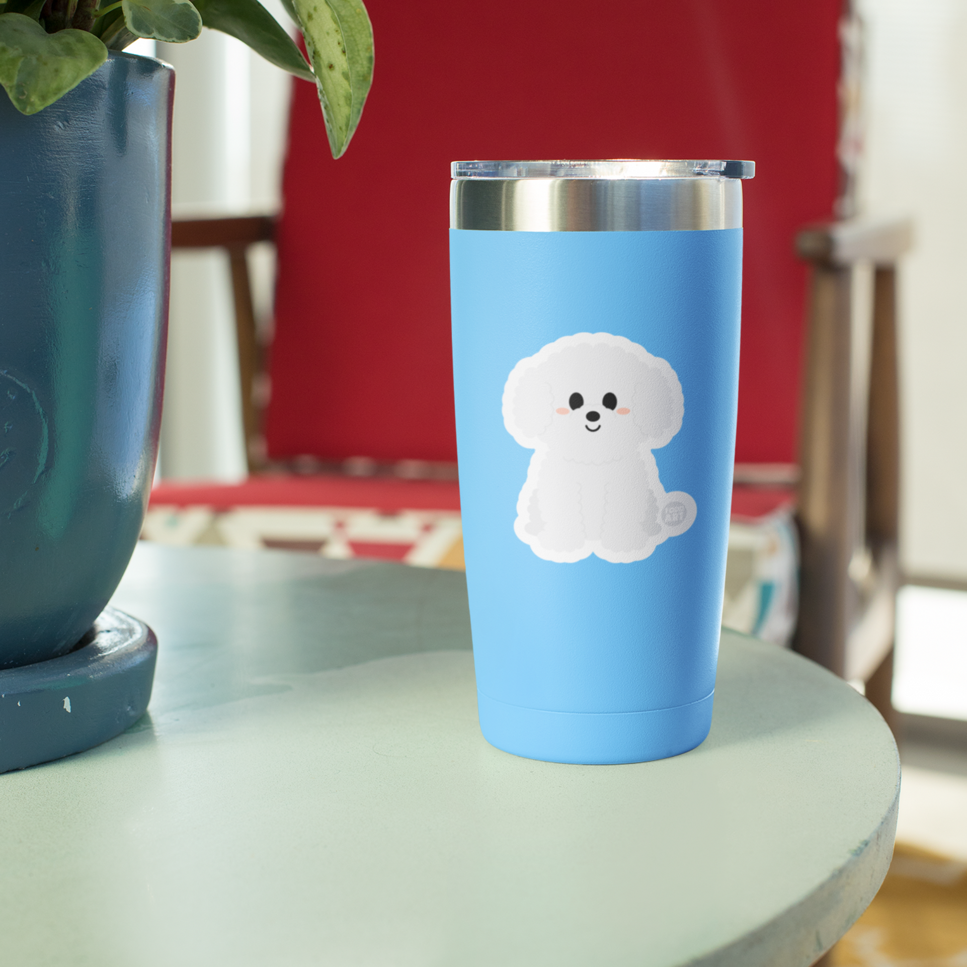 Fluffy white Bichon Frise dog with sweet smile on a tumbler– cute collectible puppy sticker from Boo Boo Buddies
