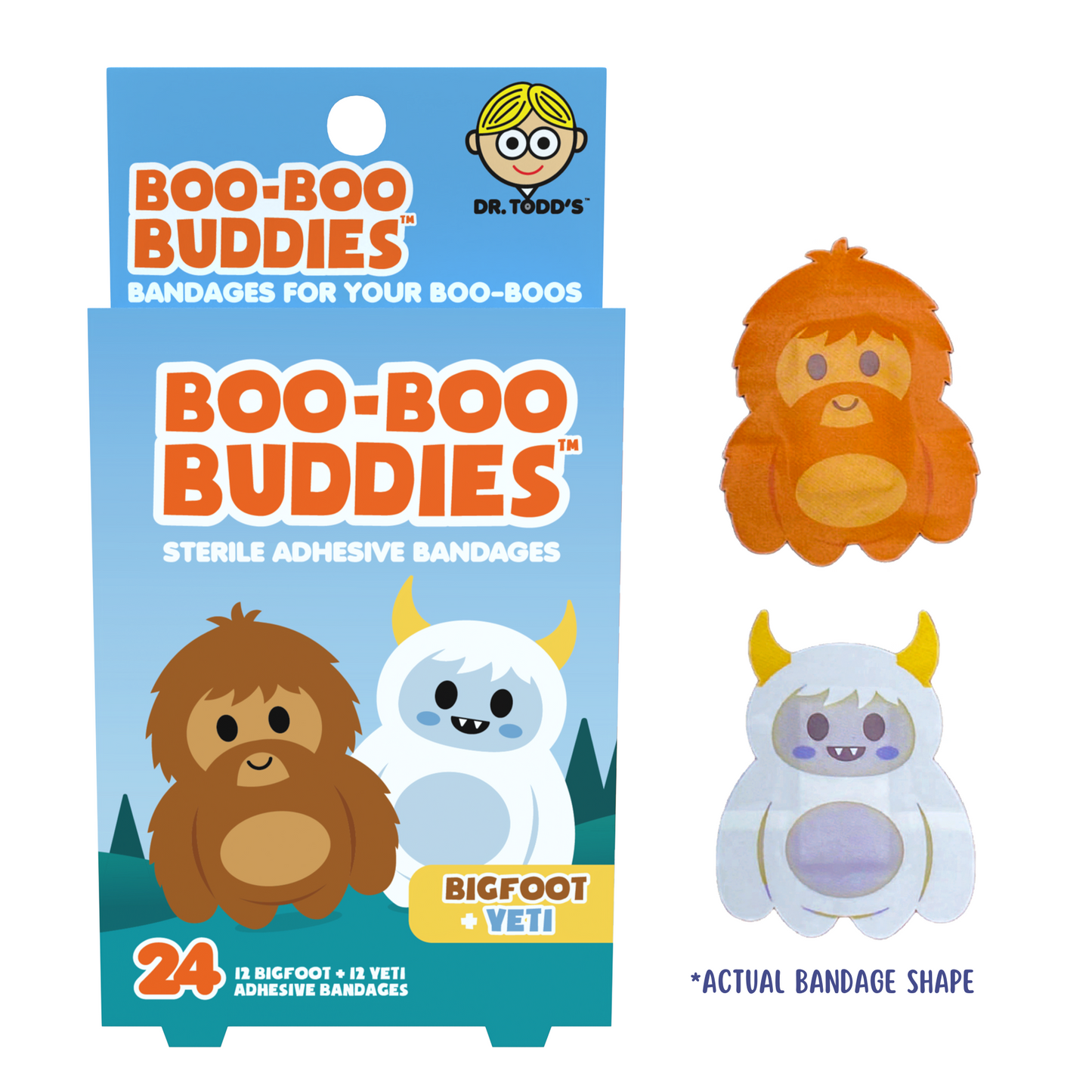 Bigfoot & Yeti Bandages for Kids – Waterproof, Latex-Free, 24 Count | Dr. Todd’s Boo-Boo Buddies