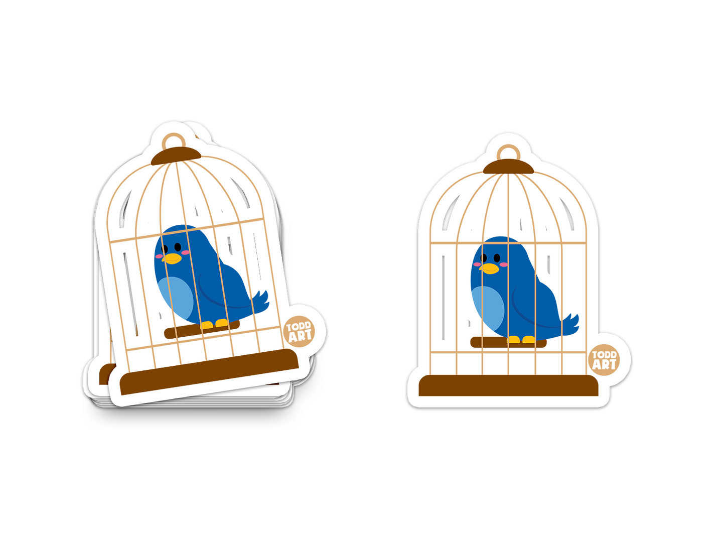 Bluebird inside a golden birdcage – charming pet sticker from Boo Boo Buddies
