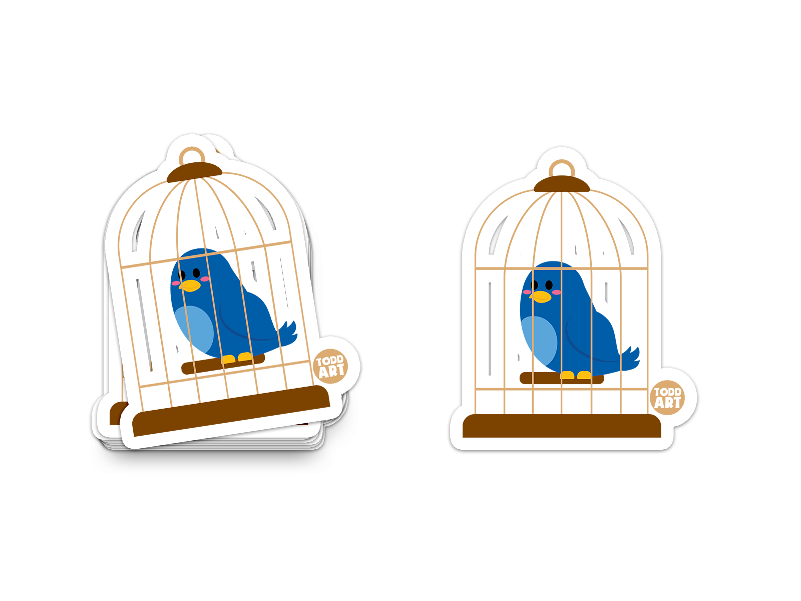 Bluebird inside a golden birdcage – charming pet sticker from Boo Boo Buddies
