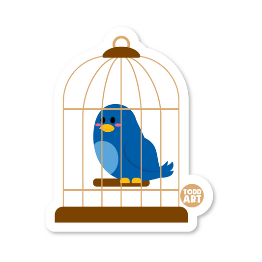 Bluebird inside a golden birdcage – charming pet sticker from Boo Boo Buddies
