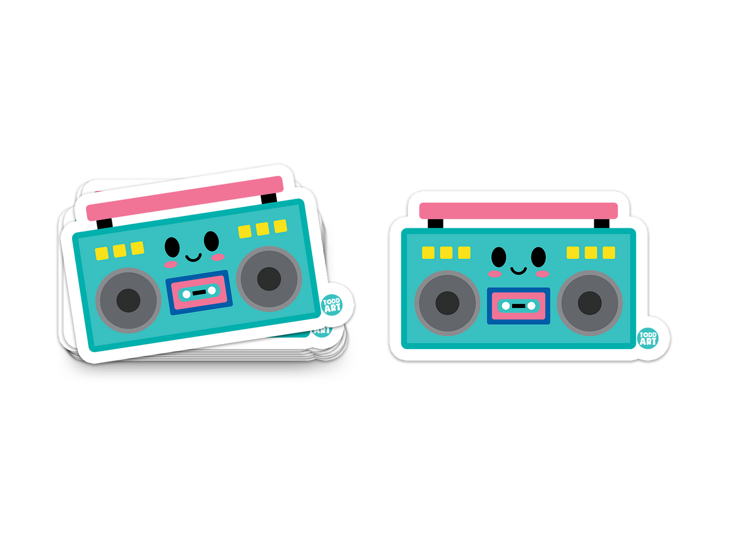 Colorful retro boom box with smiling face – 80s music-themed collectible sticker from Boo Boo Buddies
