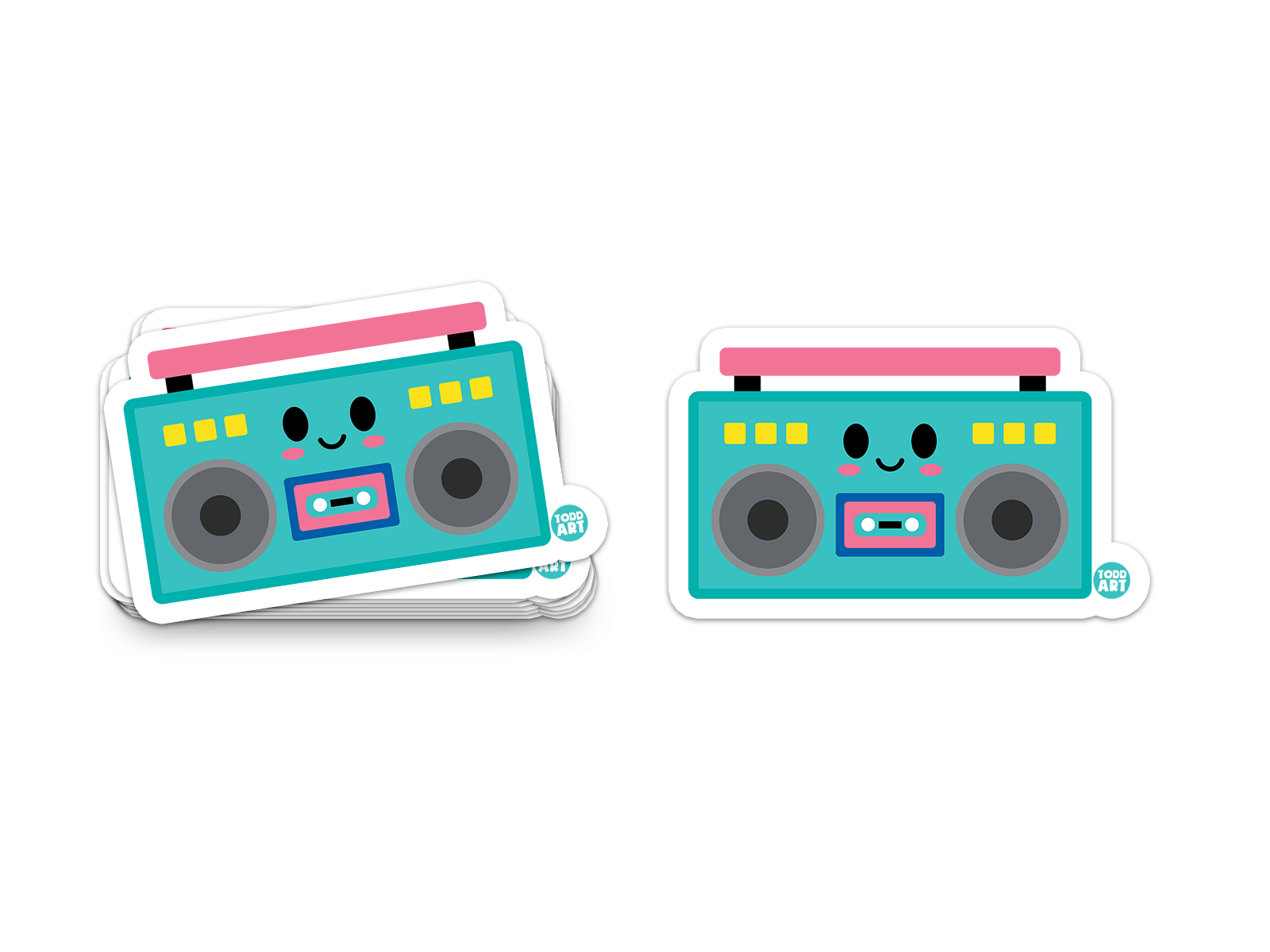 Colorful retro boom box with smiling face – 80s music-themed collectible sticker from Boo Boo Buddies

