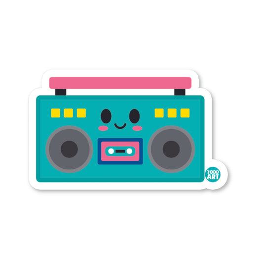Colorful retro boom box with smiling face – 80s music-themed collectible sticker from Boo Boo Buddies
