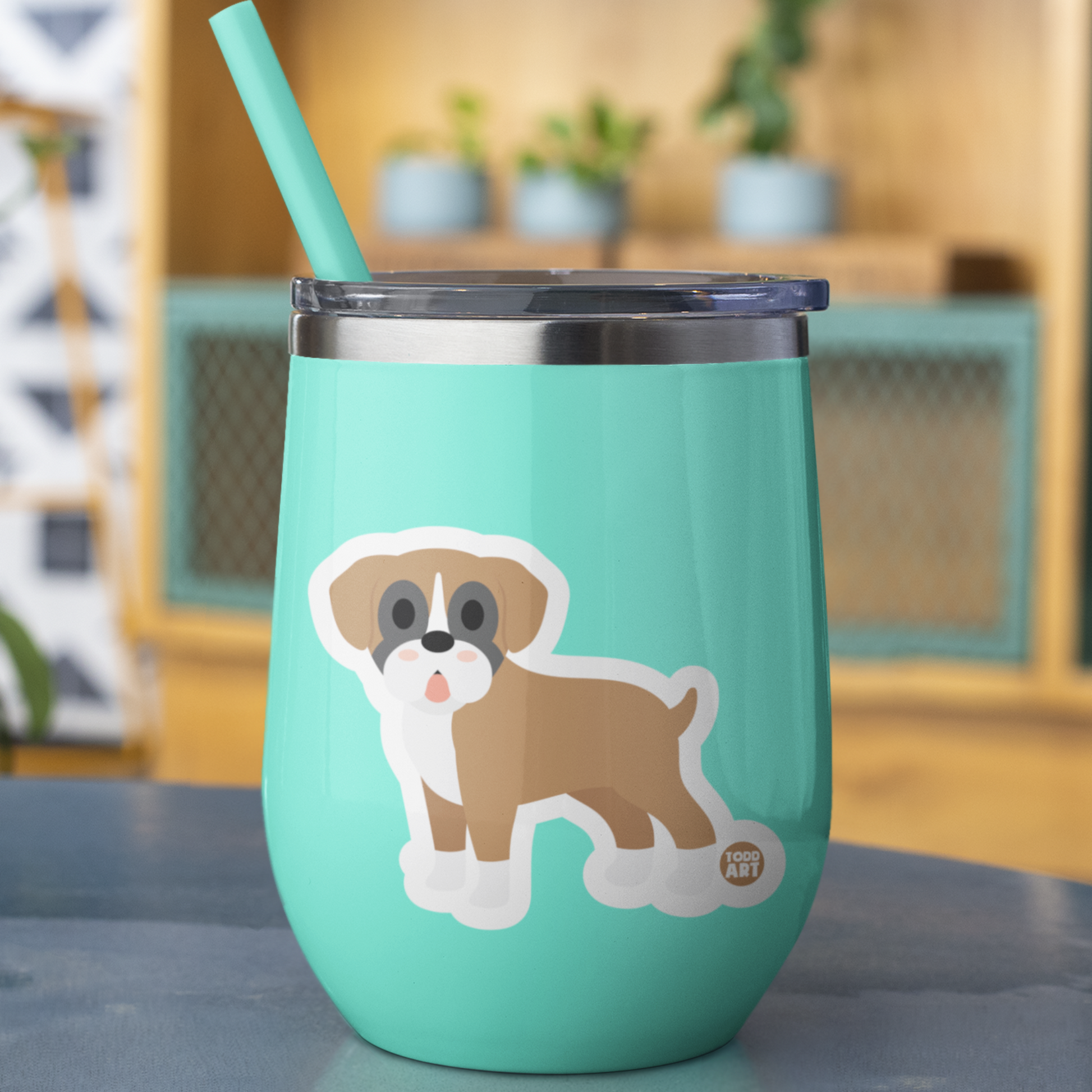 Boo Boo Buddies Boxer sticker on a tumbler– smiling brown boxer dog vinyl sticker for animal lovers, crates, and tech
