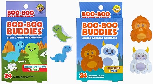 2-Pack Boo Boo Buddie Bigfoot & Yeti + Dinosaur Bandages – 48 Count | Fun Kids Bandages | Latex-Free, Waterproof Adhesive for Sensitive Skin | First Aid