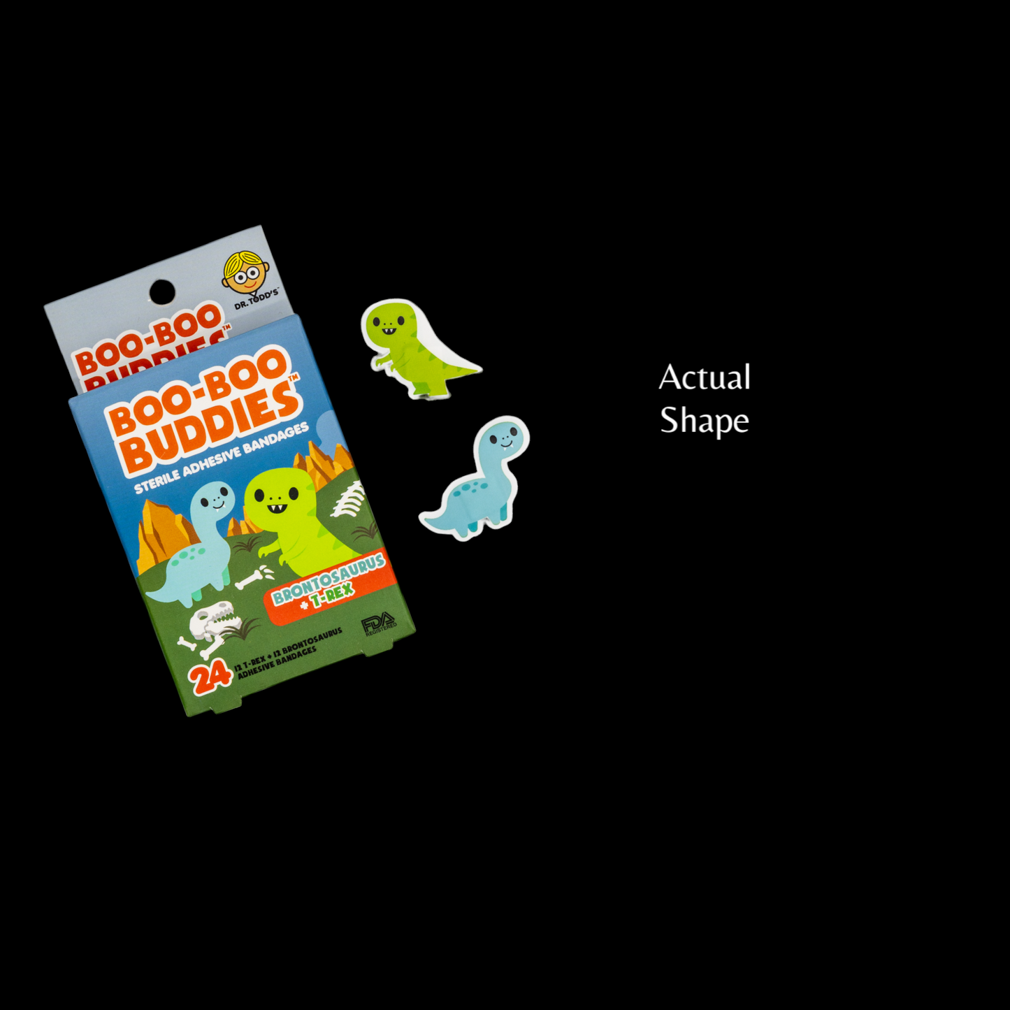 Dr. Todd’s Boo Boo Buddies Dinosaur Bandages for Kids – Brontosaurus & T-Rex, Waterproof, Latex-Free, 24-Count
