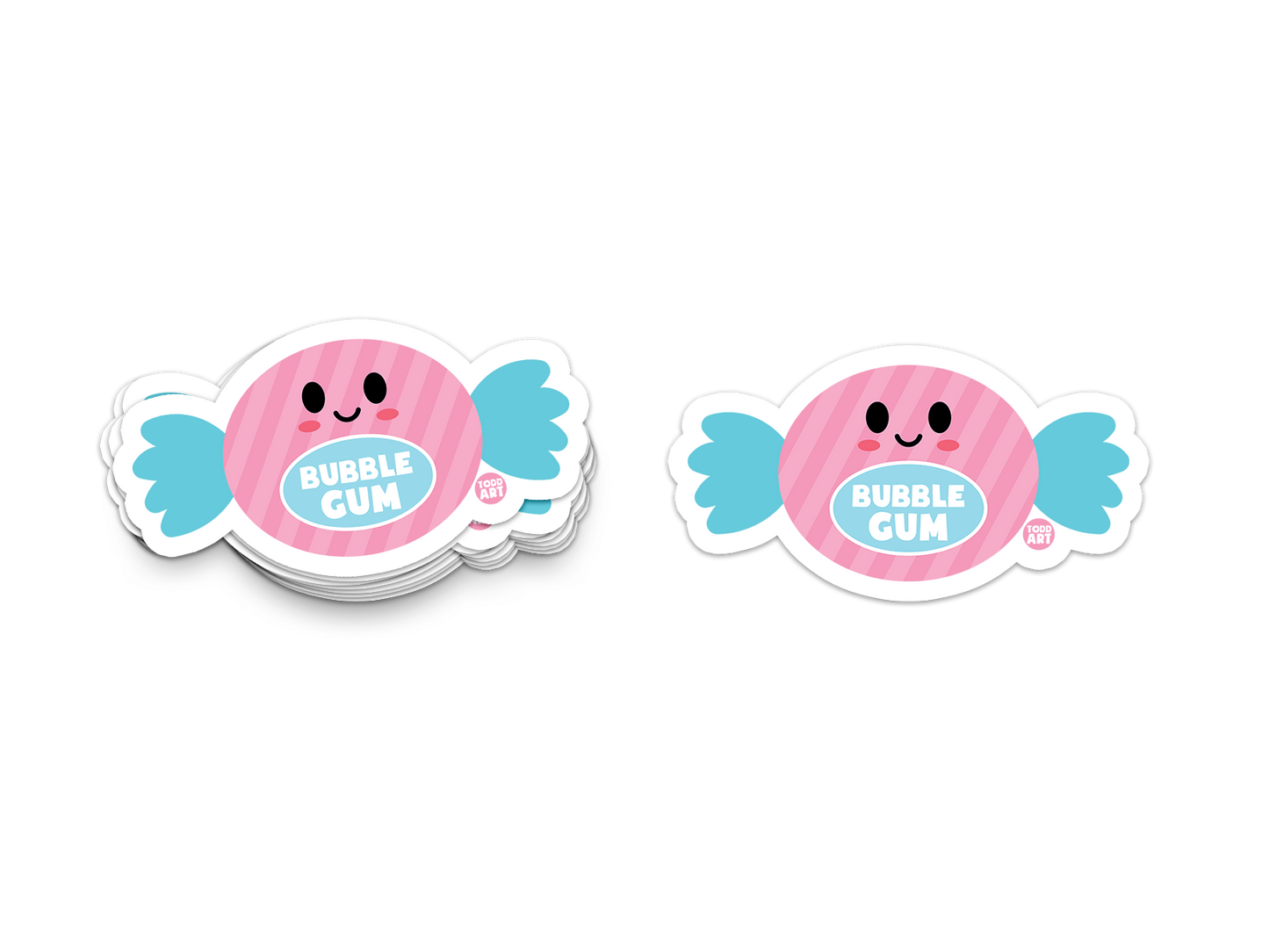 Pink and blue wrapped bubble gum with face – retro candy sticker from Boo Boo Buddies
