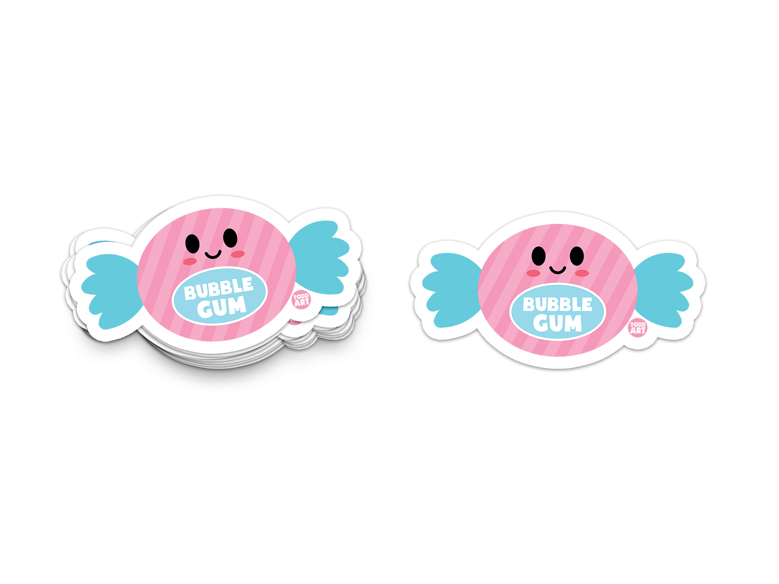 Pink and blue wrapped bubble gum with face – retro candy sticker from Boo Boo Buddies

