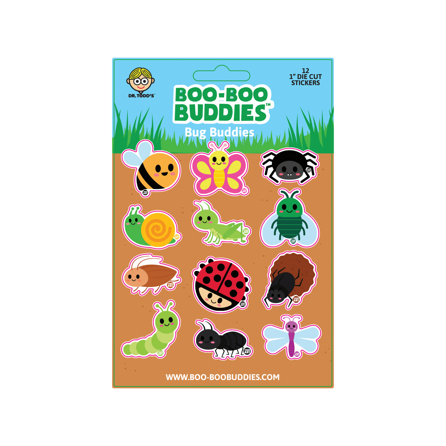 Boo-Boo Buddies® Bug Buddies Sticker Sheet featuring 12 cute 1-inch insect stickers—includes ladybug, butterfly, bee, caterpillar, snail, spider, and more for bug-themed crafts, rewards, and school projects
