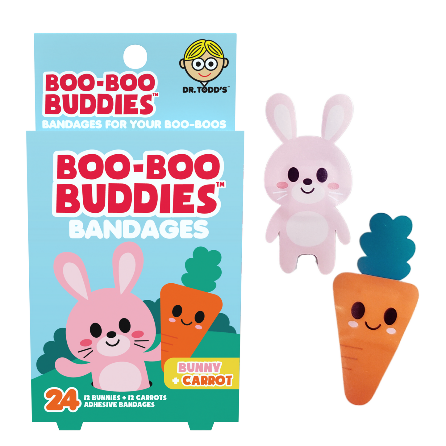 Bunny & Carrot Bandages for Kids – Waterproof, Latex-Free, 24 Count | Dr. Todd’s Boo-Boo Buddies®
