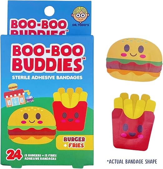 2-Pack Boo Boo Buddie Kids Bandages – 48 Ct | Burger + Fries, Pizza + Taco Shape Bandages | Fun, Waterproof, Latex-Free, Sensitive Skin-Friendly First Aid for Kids