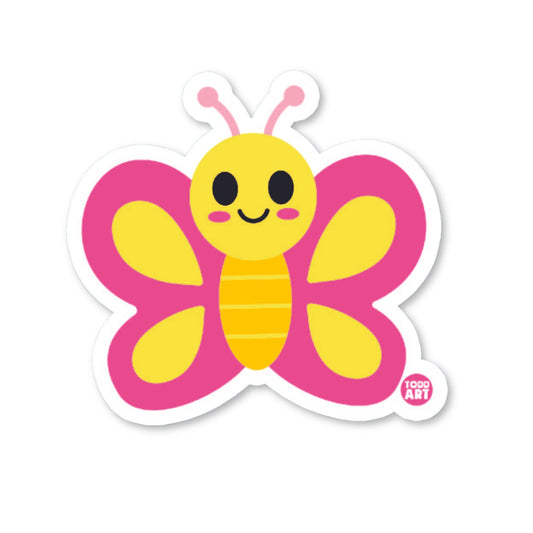 A die-cut vinyl sticker of a cute butterfly with a yellow body and pink wings, with a glossy finish.