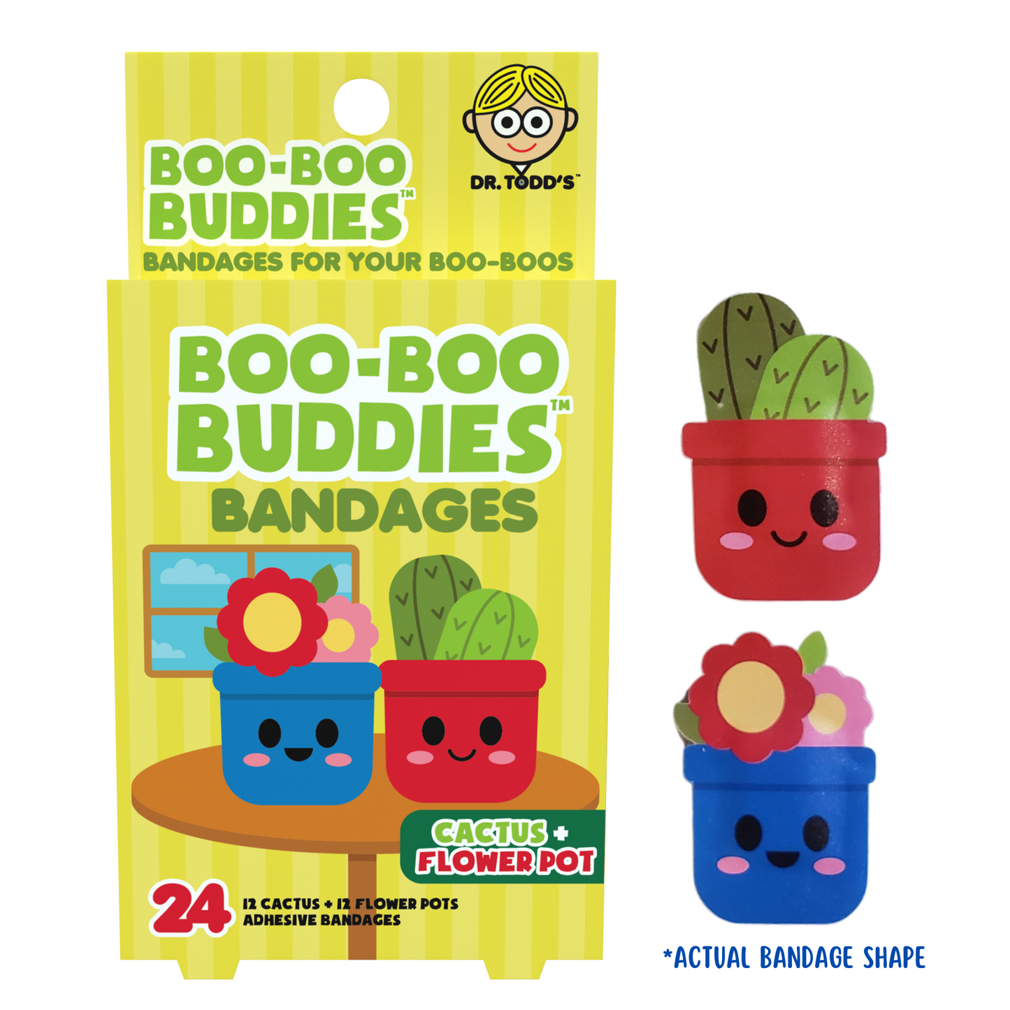 Cactus & Flower Pot Bandages for Kids – Waterproof, Latex-Free, 24 Count | Dr. Todd’s Boo-Boo Buddies®