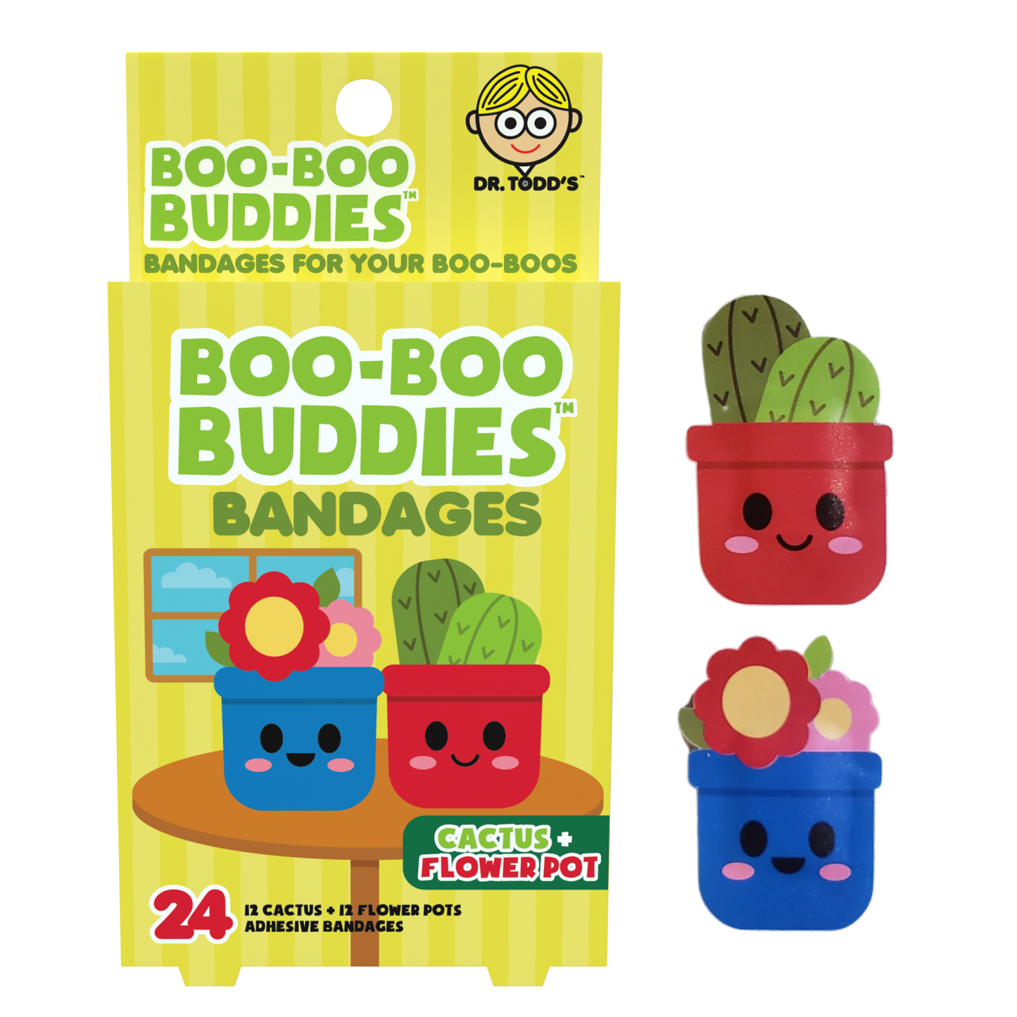 Cactus & Flower Pot Bandages for Kids – Waterproof, Latex-Free, 24 Count | Dr. Todd’s Boo-Boo Buddies®