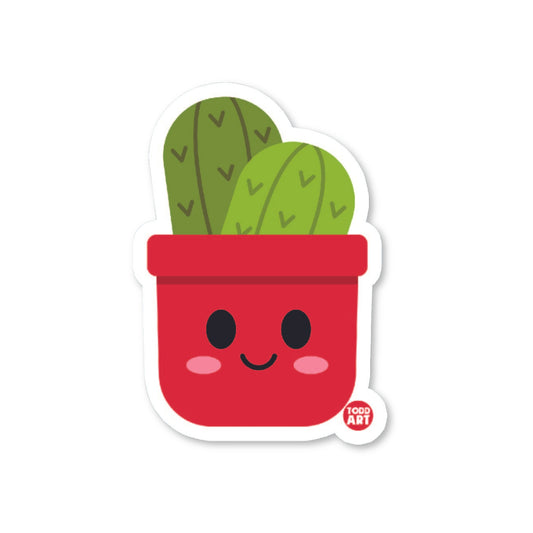 A vinyl sticker featuring a cute cartoon-style cactus with a smiling face, potted in a red pot.