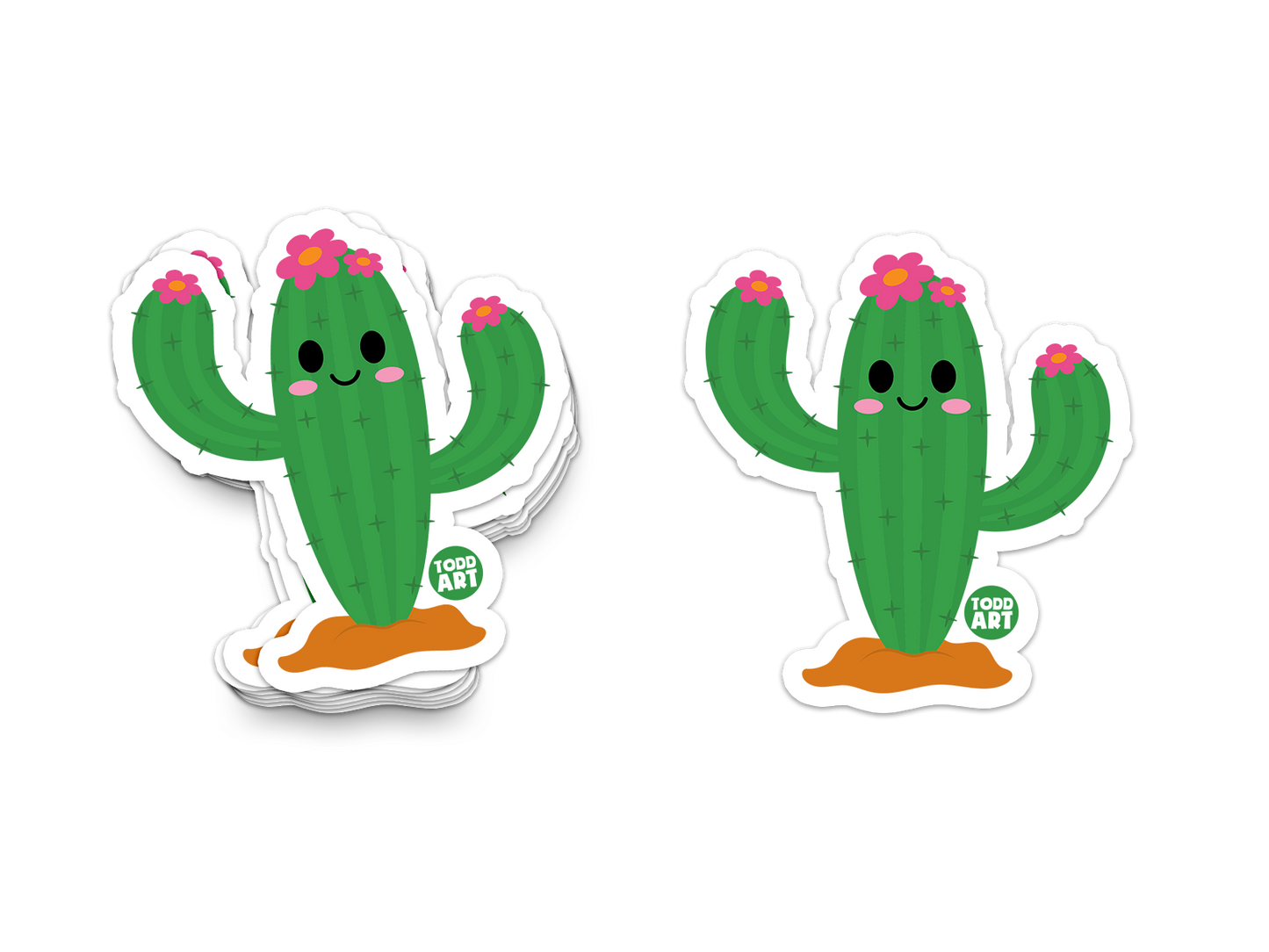 Smiling green cactus with pink flowers – desert-themed sticker from Boo Boo Buddies
