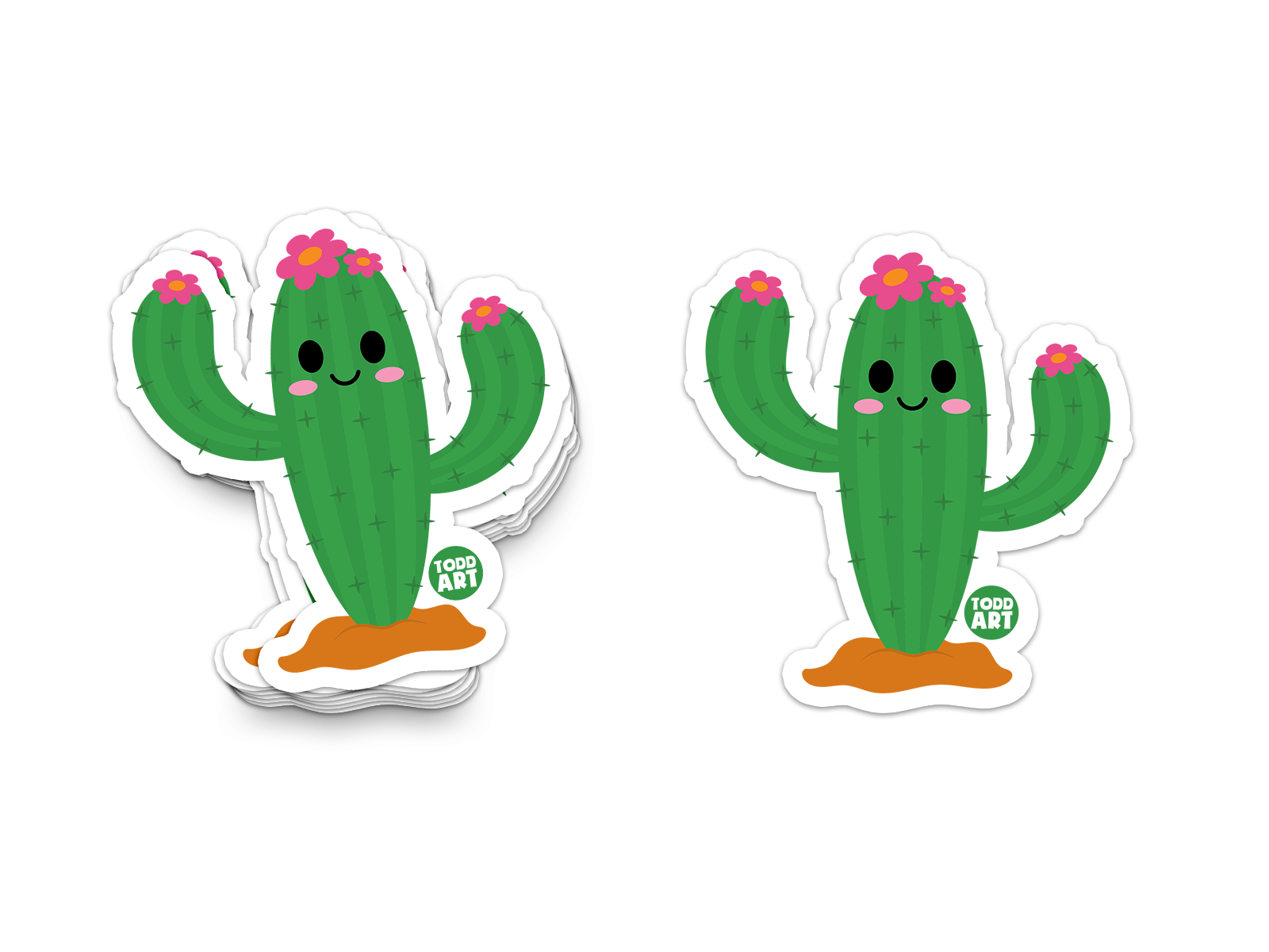 Smiling green cactus with pink flowers – desert-themed sticker from Boo Boo Buddies
