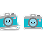 Smiling retro camera with blue lens – creative photography sticker from Boo Boo Buddies®
