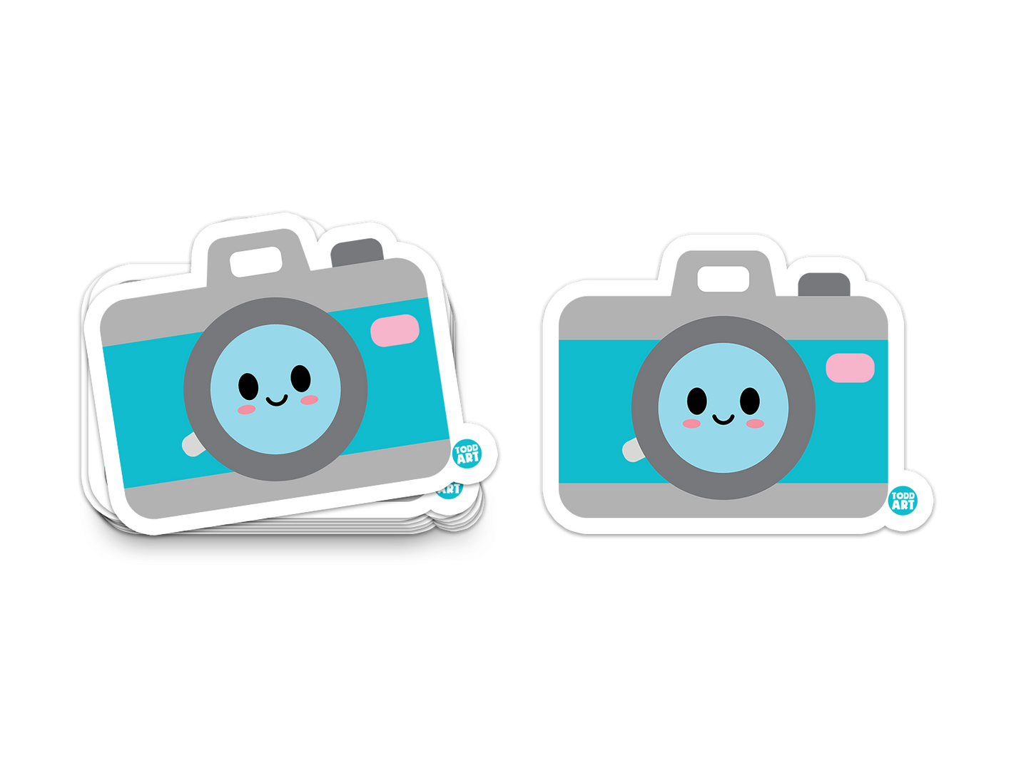 Smiling retro camera with blue lens – creative photography sticker from Boo Boo Buddies®
