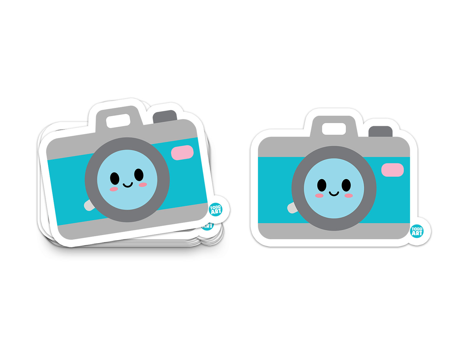 Smiling retro camera with blue lens – creative photography sticker from Boo Boo Buddies®
