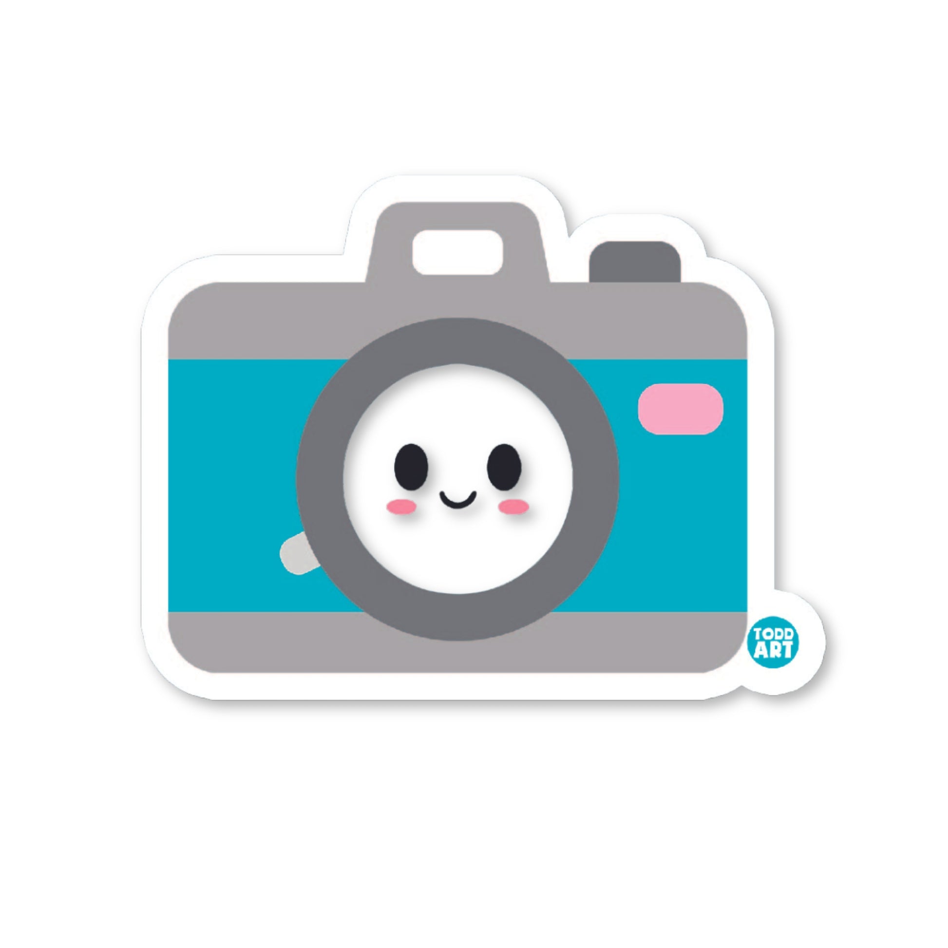 Smiling retro camera with blue lens – creative photography sticker from Boo Boo Buddies®
