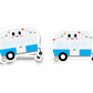 Happy blue and white camper trailer with bunting – adventure-ready sticker from Boo Boo Buddies®
