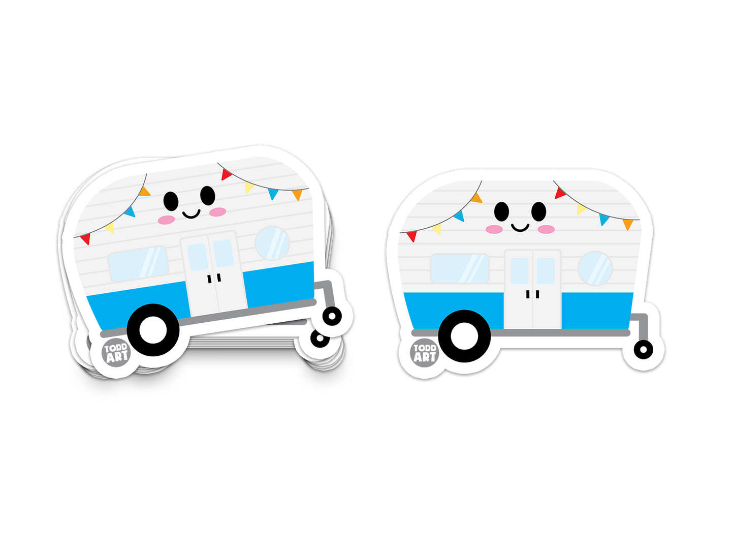 Happy blue and white camper trailer with bunting – adventure-ready sticker from Boo Boo Buddies®
