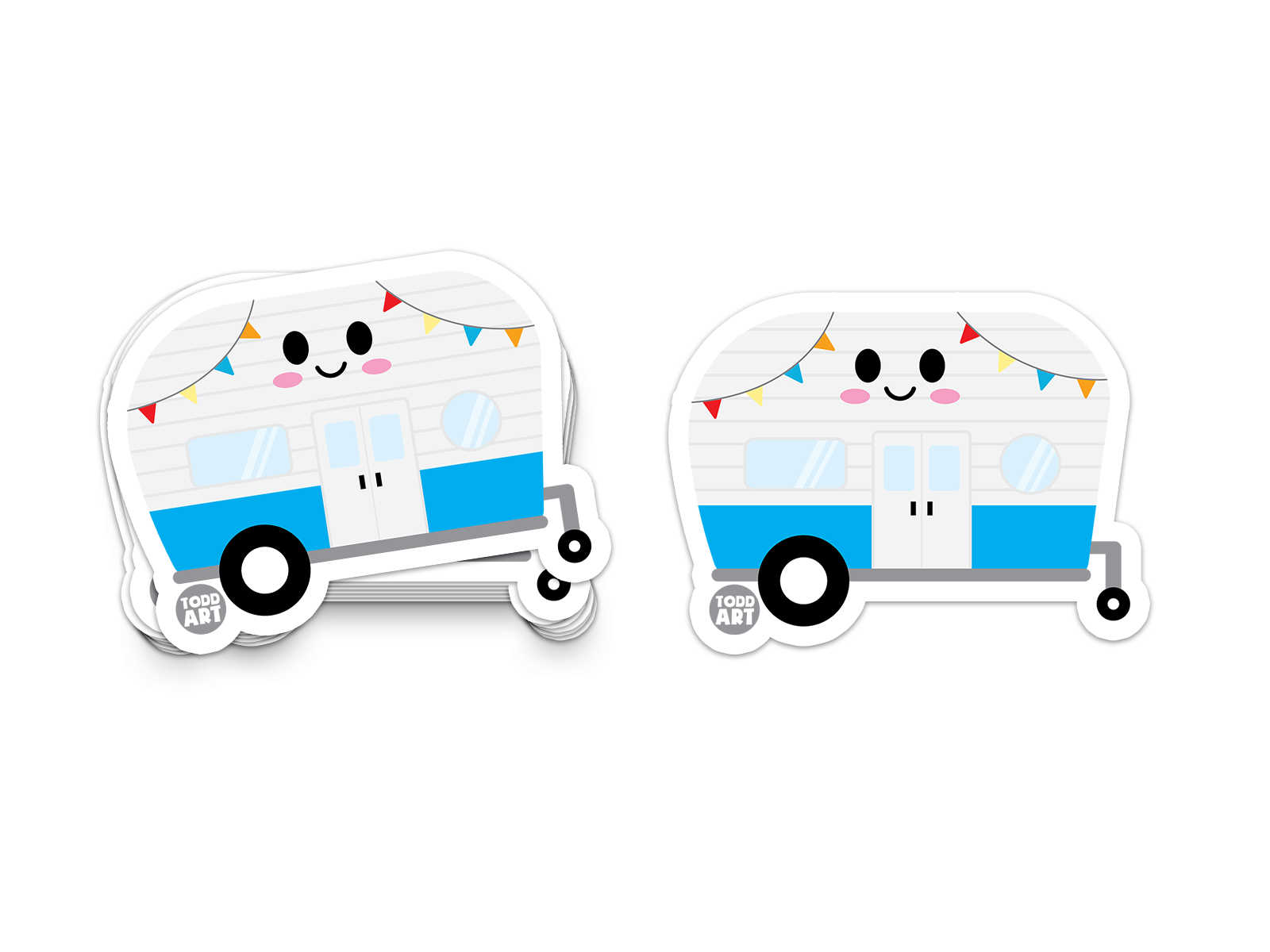 Happy blue and white camper trailer with bunting – adventure-ready sticker from Boo Boo Buddies®
