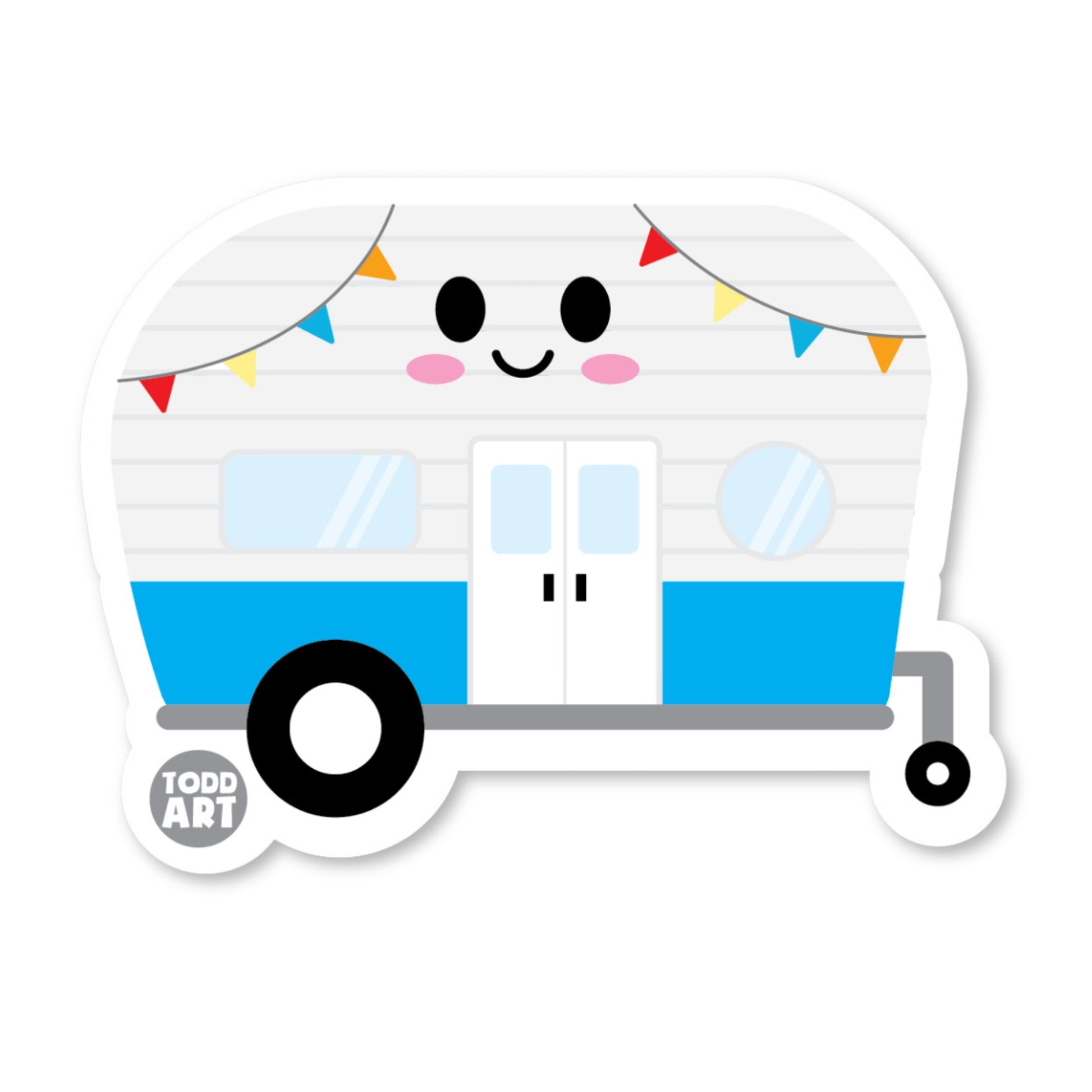 Happy blue and white camper trailer with bunting – adventure-ready sticker from Boo Boo Buddies®
