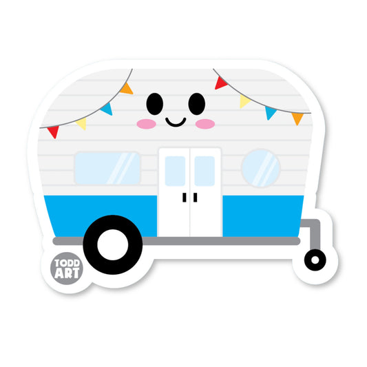 Happy blue and white camper trailer with bunting – adventure-ready sticker from Boo Boo Buddies®
