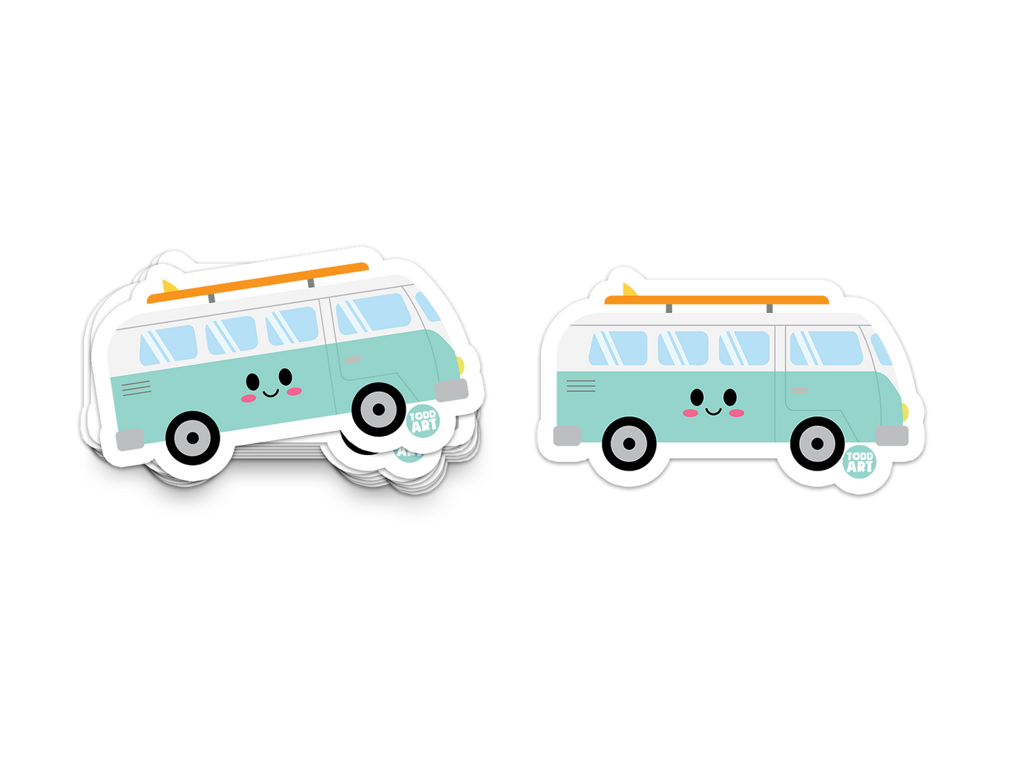 Mint green campervan with roof rack – adorable Boo Boo Buddies® van life sticker for collectors
