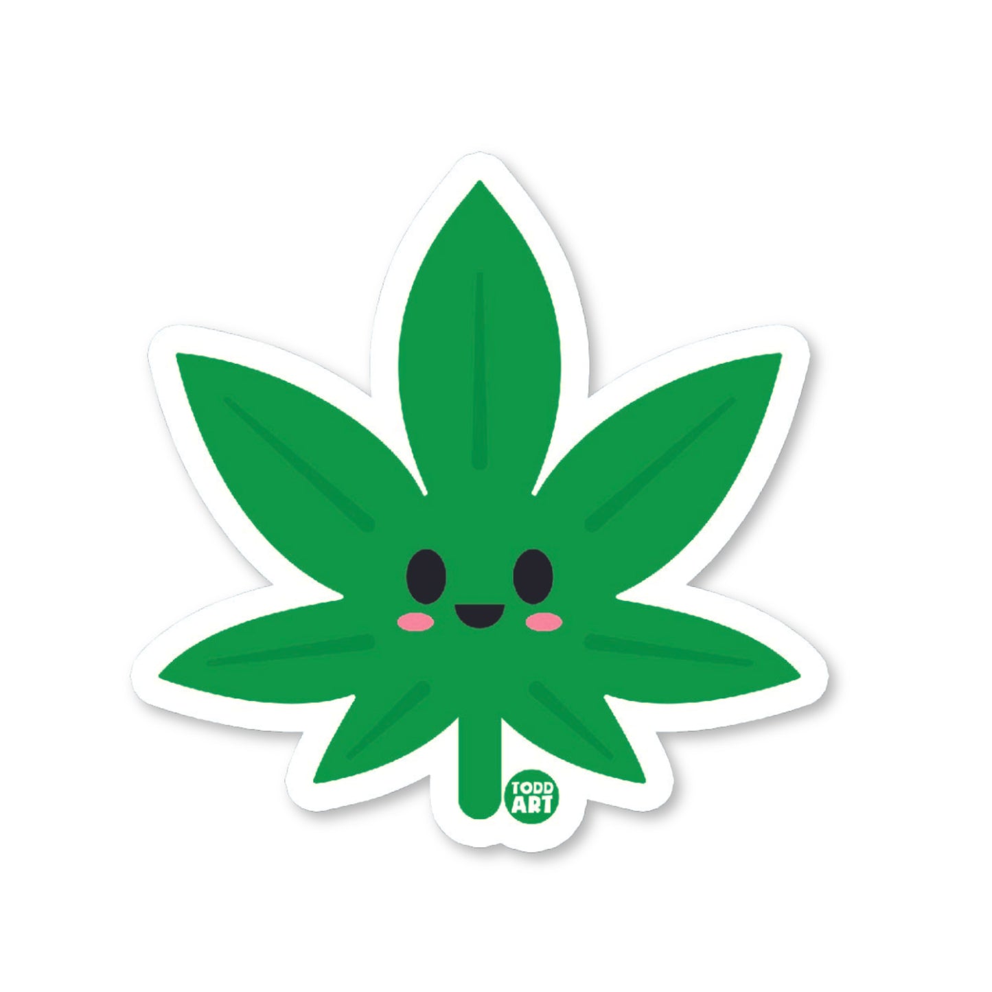 A die-cut vinyl sticker of a cute cannabis leaf with a smiling face on it.