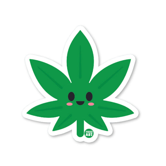 A die-cut vinyl sticker of a cute cannabis leaf with a smiling face on it.