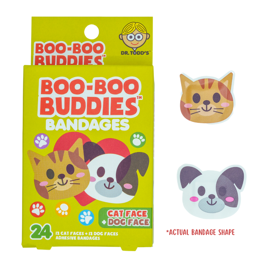 Cat and dog face bandages for kids – 24 waterproof, latex-free character bandages by Dr. Todd’s Boo-Boo Buddies

