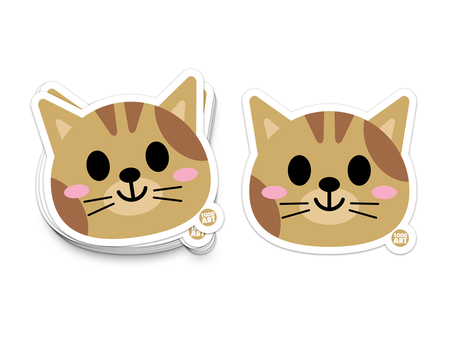 Adorable tabby cat face with pink cheeks and friendly smile – cute collectible sticker for kids, school, crafts, or decorating laptops and water bottles


