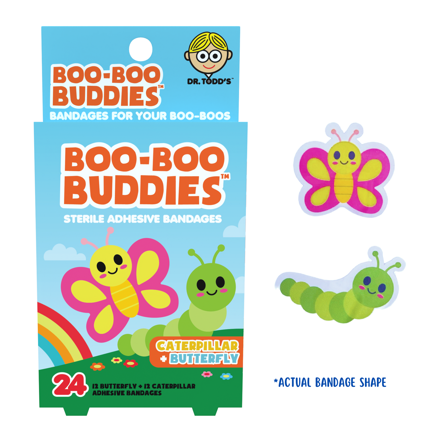 Caterpillar & Butterfly Bandages for Kids – Waterproof, Latex-Free, 24 Ct | Dr. Todd’s Boo-Boo Buddies®