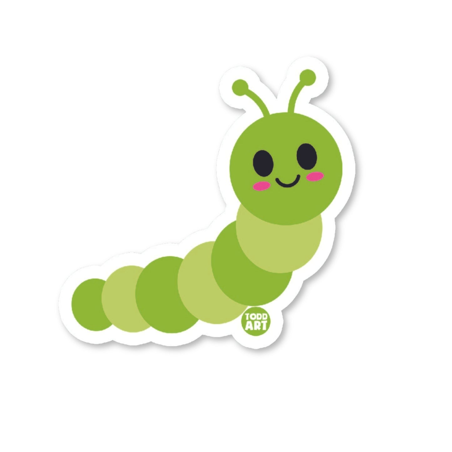 A die-cut vinyl sticker of a smiling green caterpillar with a glossy finish.