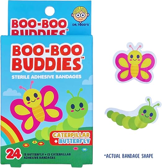 2-Pack Boo Boo Buddies Caterpillar & Butterfly + Ladybug & Bee Bandages – 48 Ct | Fun Shapes, Latex-Free, Waterproof for Kids’ First Aid Kits & Sensitive Skin
