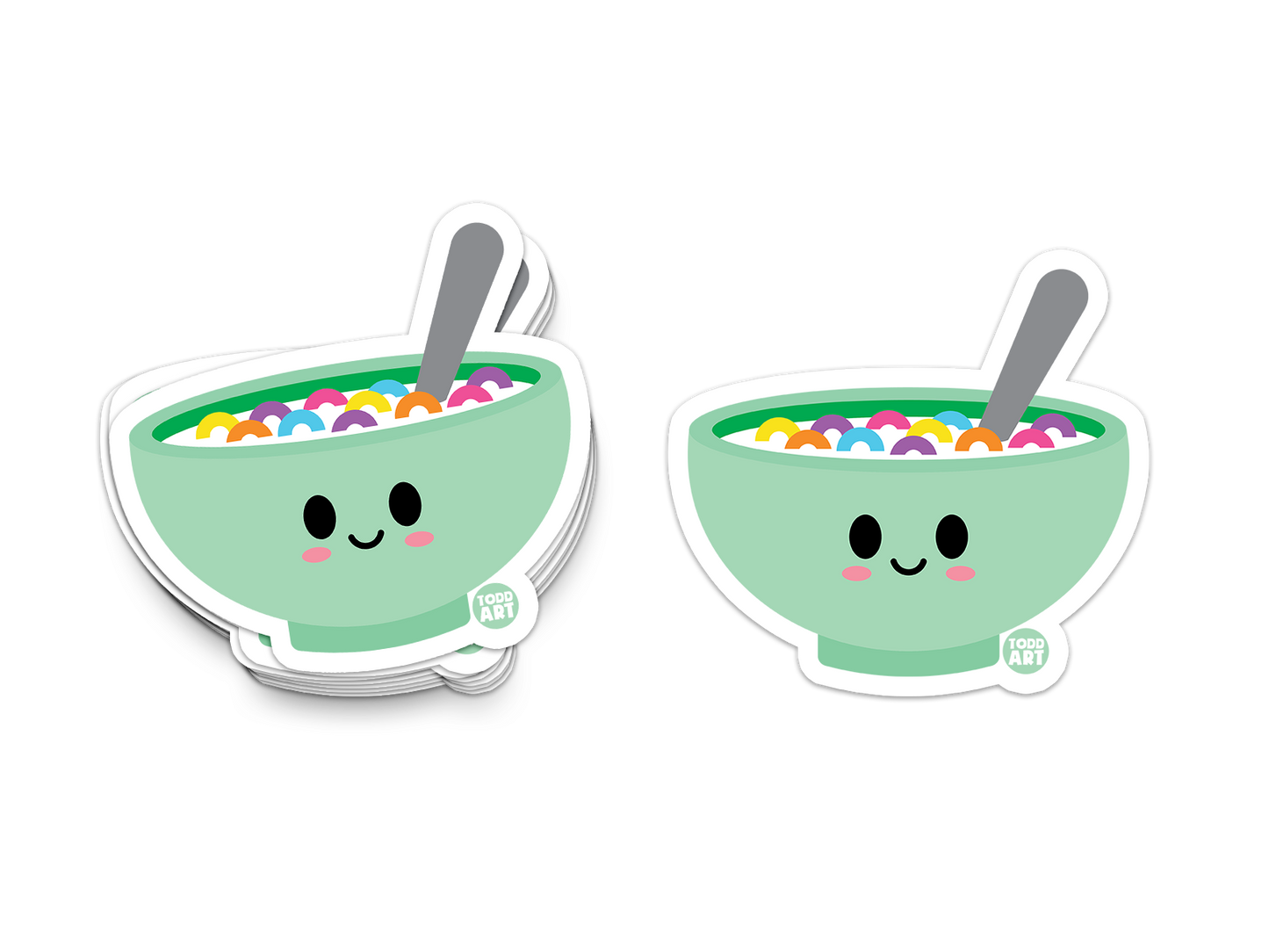 Smiling cereal bowl vinyl sticker with colorful loops – cute and collectible