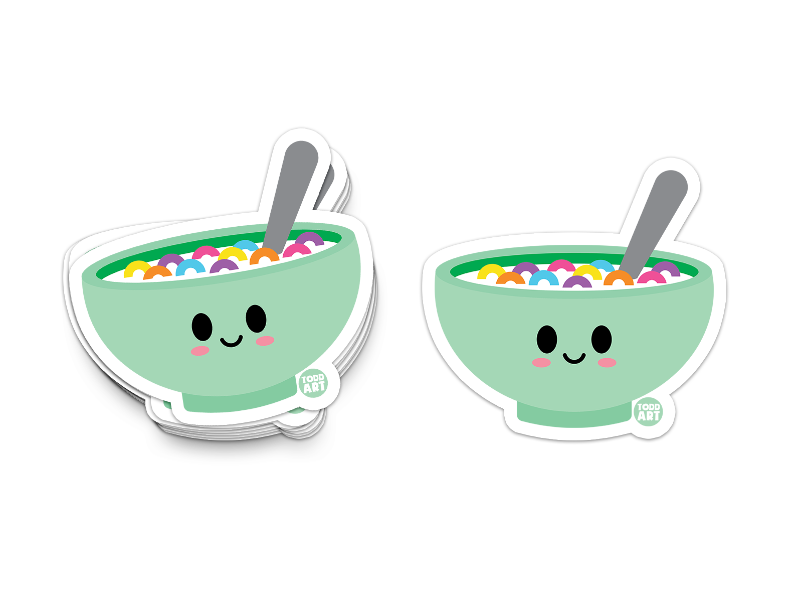 Smiling cereal bowl vinyl sticker with colorful loops – cute and collectible