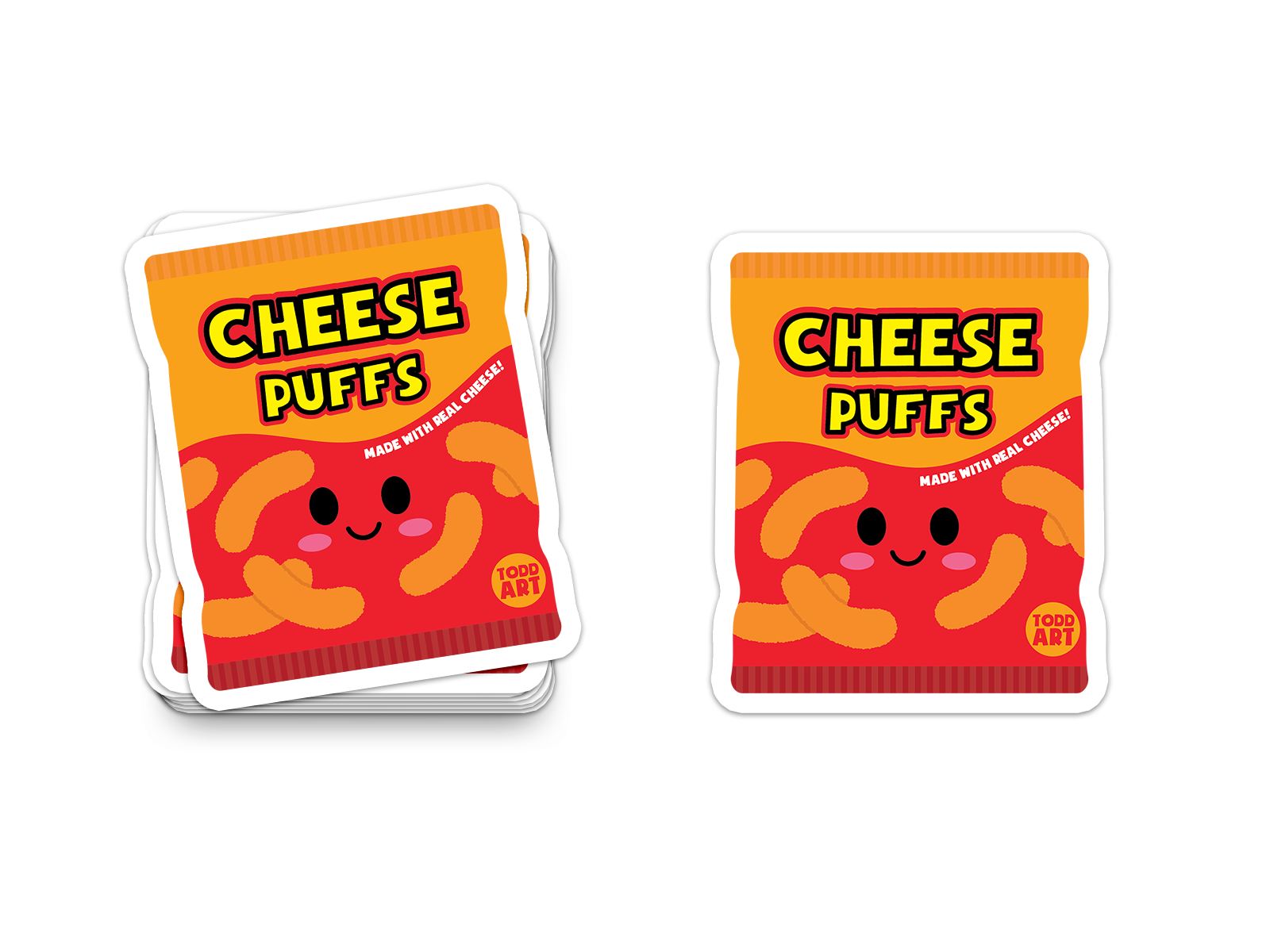 Bright cheese puffs snack bag with cute face – fun junk food collectible sticker
