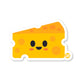 A die-cut vinyl sticker of a smiling cheese character with a glossy finish.