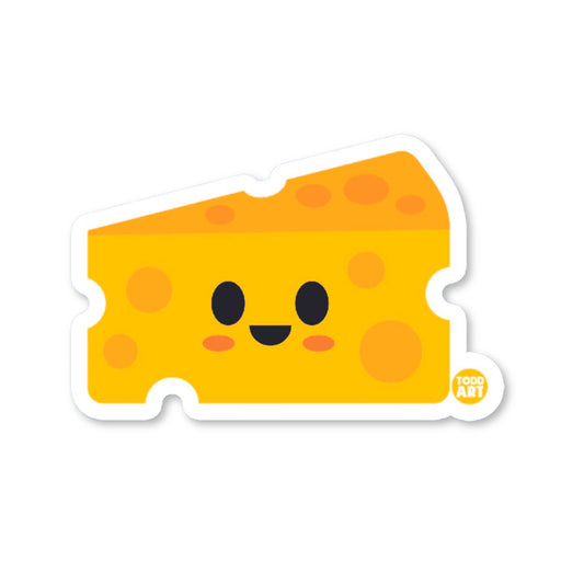 A die-cut vinyl sticker of a smiling cheese character with a glossy finish.