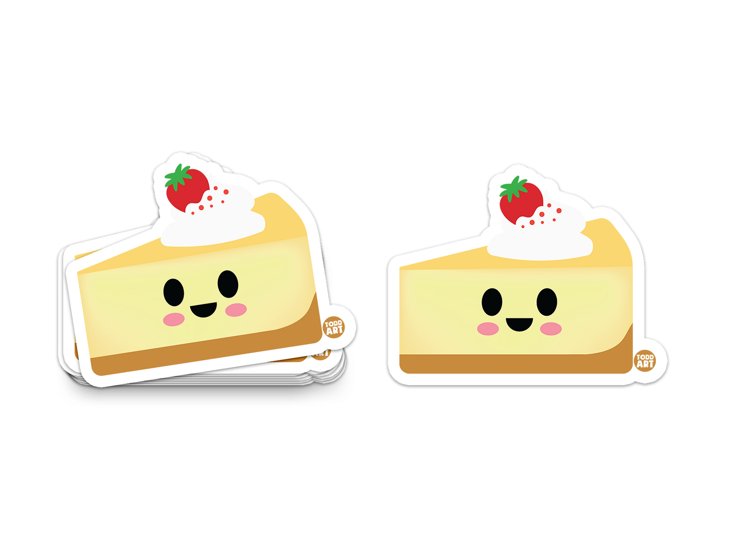 cheesecake slice with strawberry whipped cream and happy face – dessert-themed collectible sticker from Boo Boo Buddies
