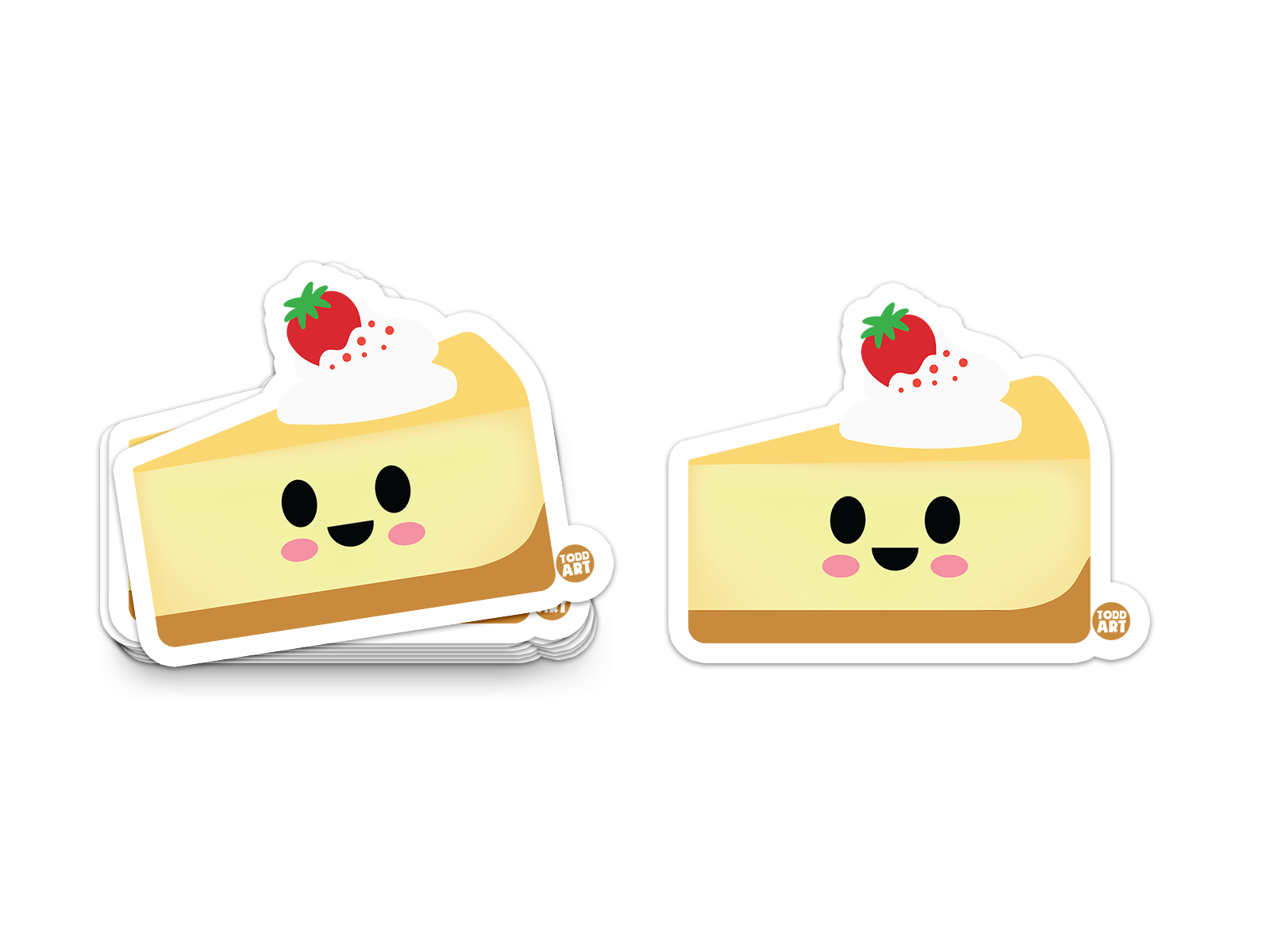 cheesecake slice with strawberry whipped cream and happy face – dessert-themed collectible sticker from Boo Boo Buddies